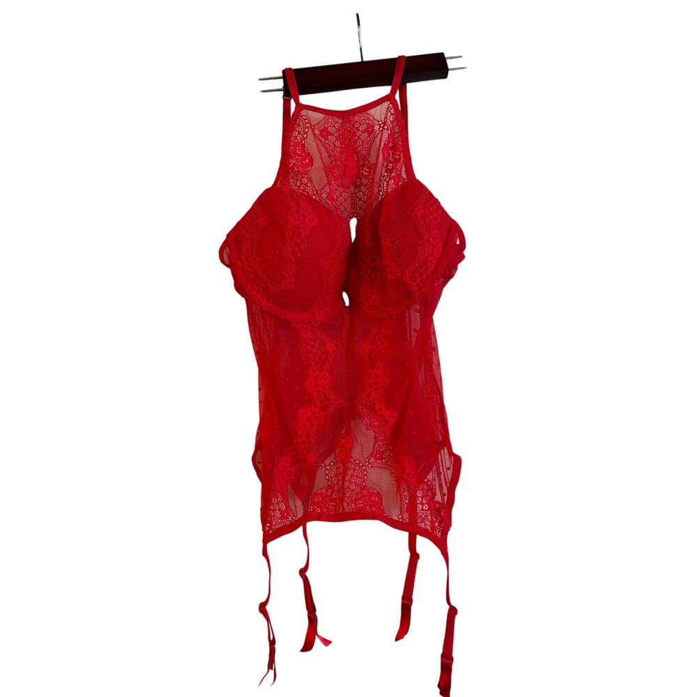 Adore Me Red Mesh Teddy Bustier Keyhole Lace Lingerie Size Small Corset Top
